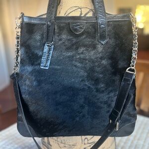 Black Leather and Calf Hair Tote Bag w/ detachable shoulder strap